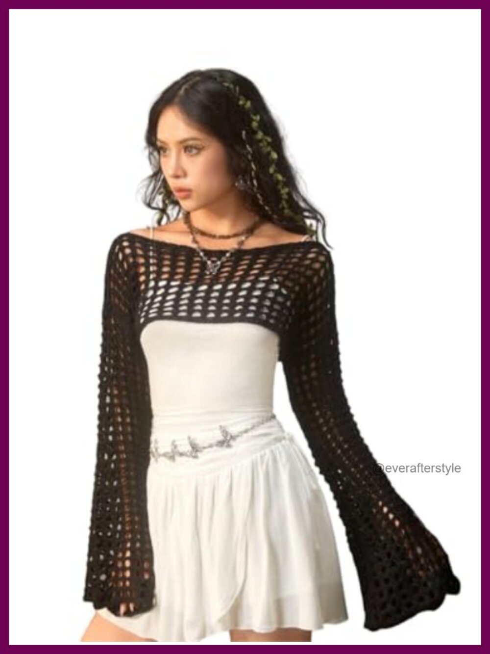 Crochet Hollow Out Knit Crop Top Sweater Boat Neck Flounce Sleeve Shrug